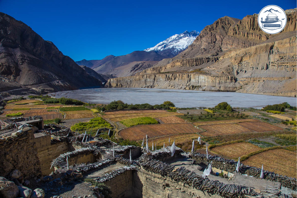 Upper Mustang valley with farmland, Kali Gandaki River and dry mountain landscape