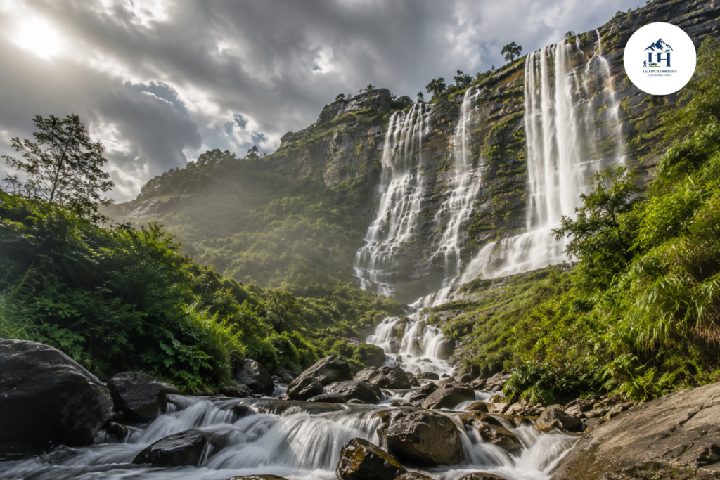large waterfall flowing over rocky cliffs during a nature day trip near kathmandu
