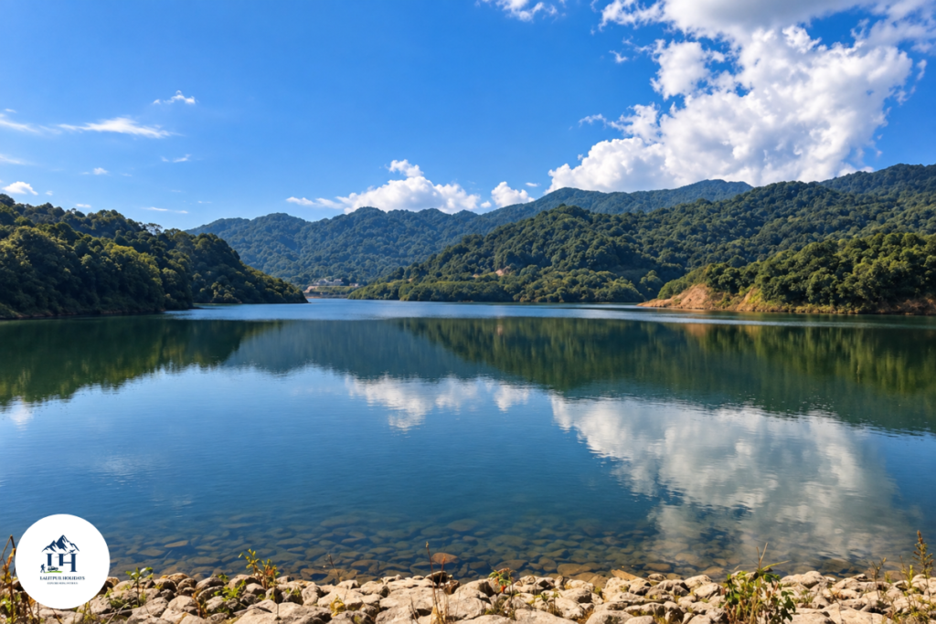 mountain lake surrounded by forested hills under a clear blue sky near Kathmandu