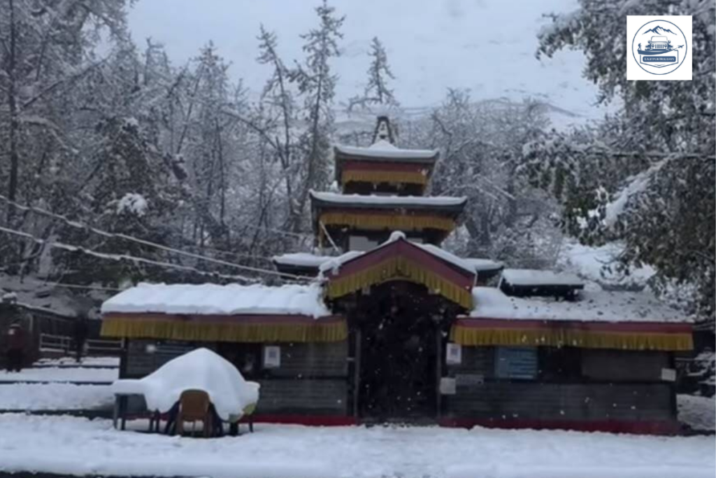 Muktinath Temple during snowfall, showing winter conditions at the high-altitude pilgrimage site.