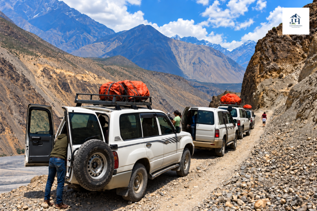 shared and private jeeps travelling through the upper mustang mountain route