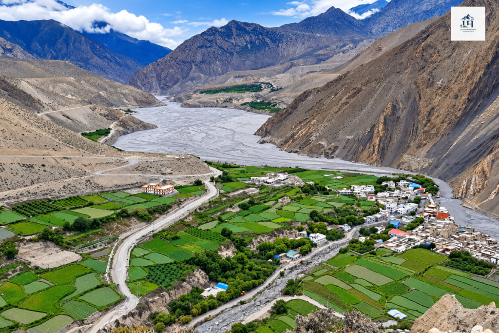 upper mustang valley with road, village, farmland and dry mountain landscape