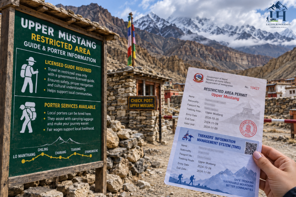 upper mustang restricted area permit and trekking documents at a mountain checkpoint